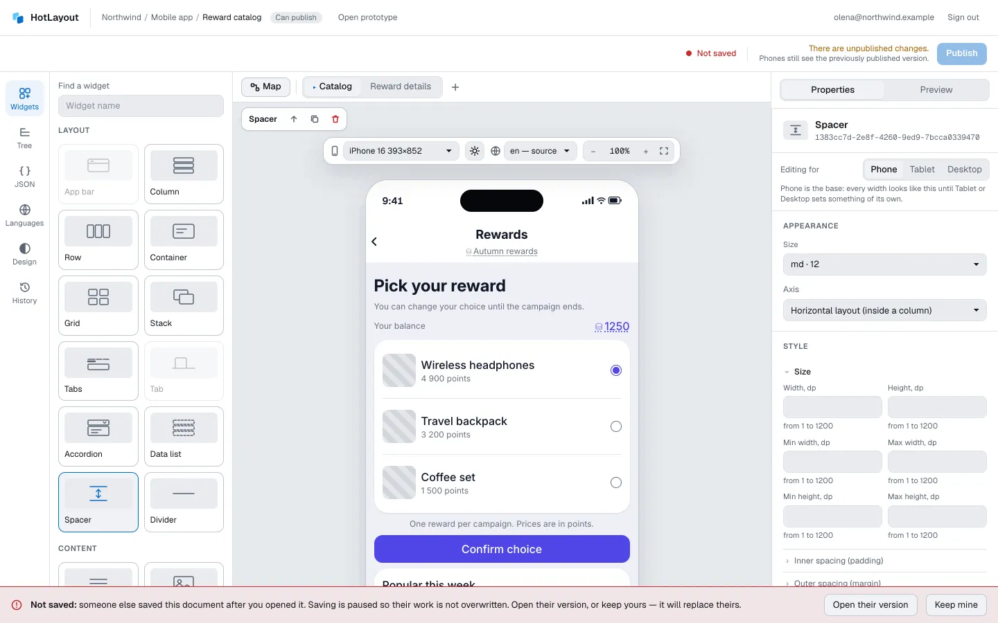 The bar that appears when a teammate saved the document first: “Open their version” and “Keep mine”