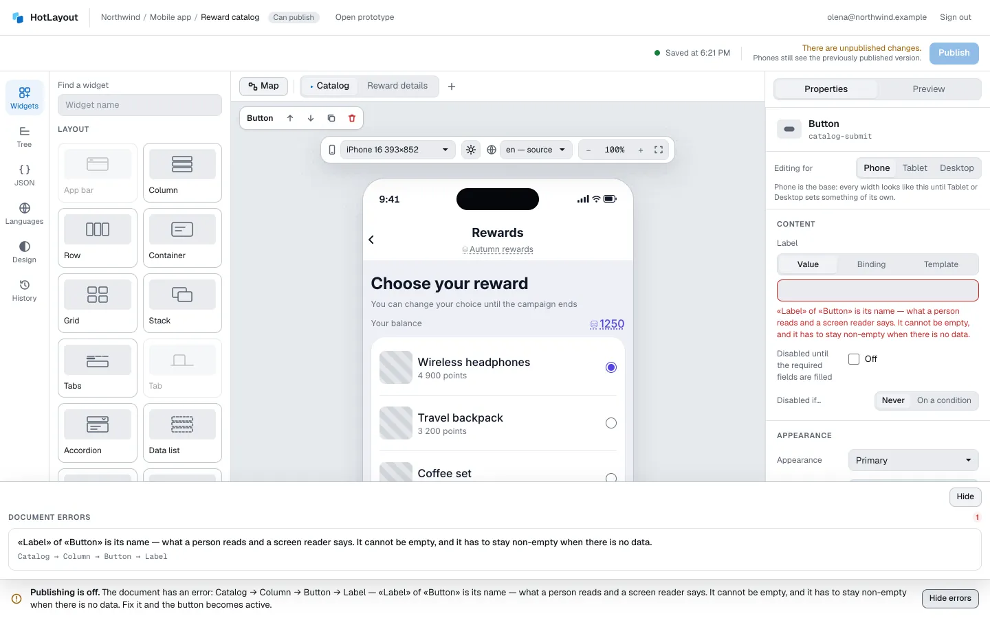 Publishing is off: the bar at the bottom names the error, and the list above it leads to the widget