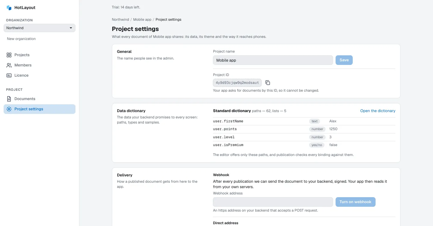 Project settings: the name and ID of the project, the data dictionary and the delivery of published documents