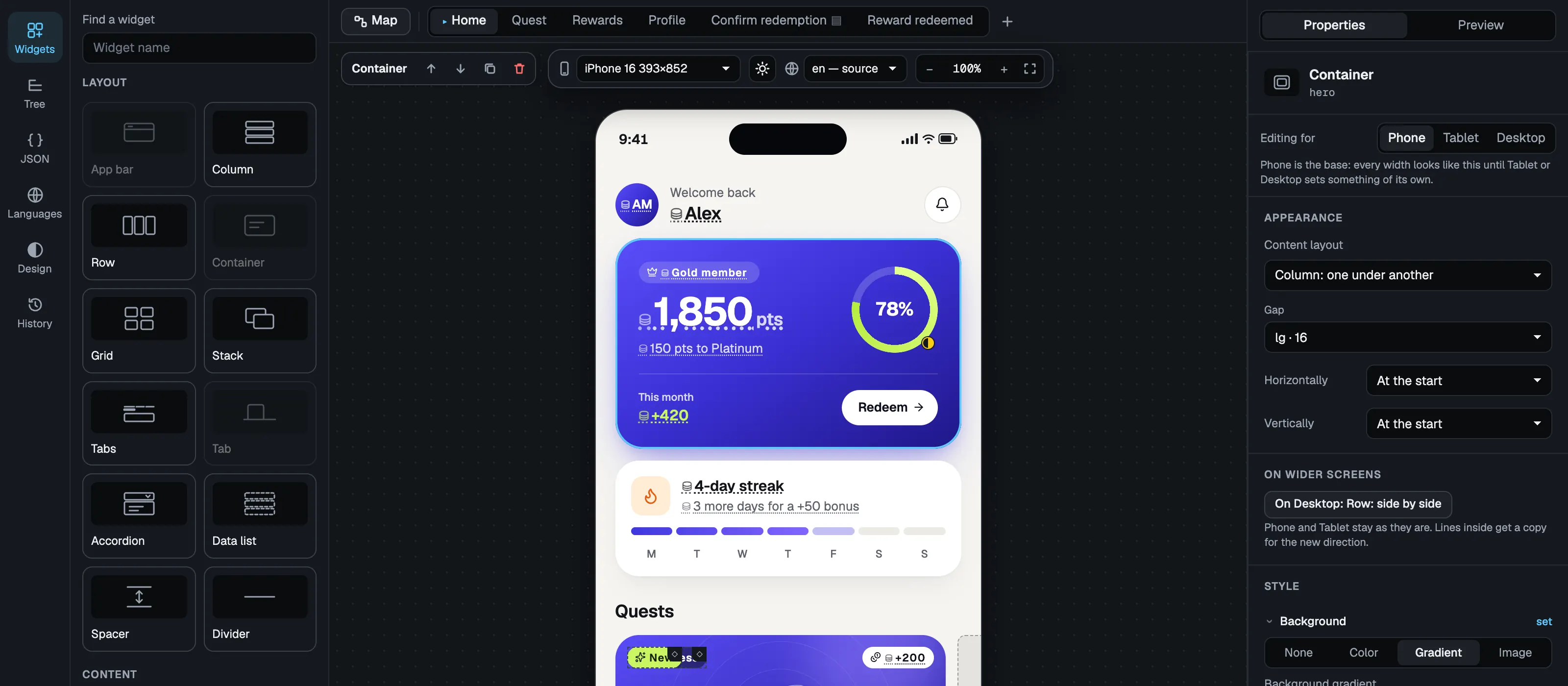The HotLayout editor: a widget palette on the left, a phone with a rewards screen in the middle and, on the right, the properties of the selected balance card with a gradient picker.